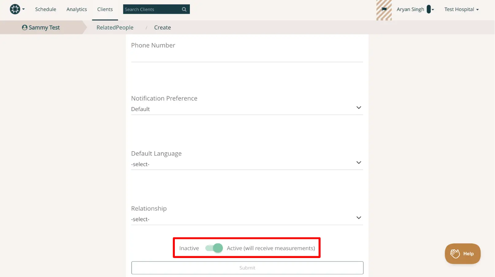 Mirah platform, Clients tab, Related People creation screen for Sammy Test
