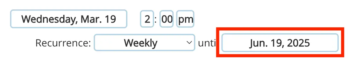 Mirah platform recurring appointment settings showing date, time, weekly recurrence, and end date of June 19, 2025.