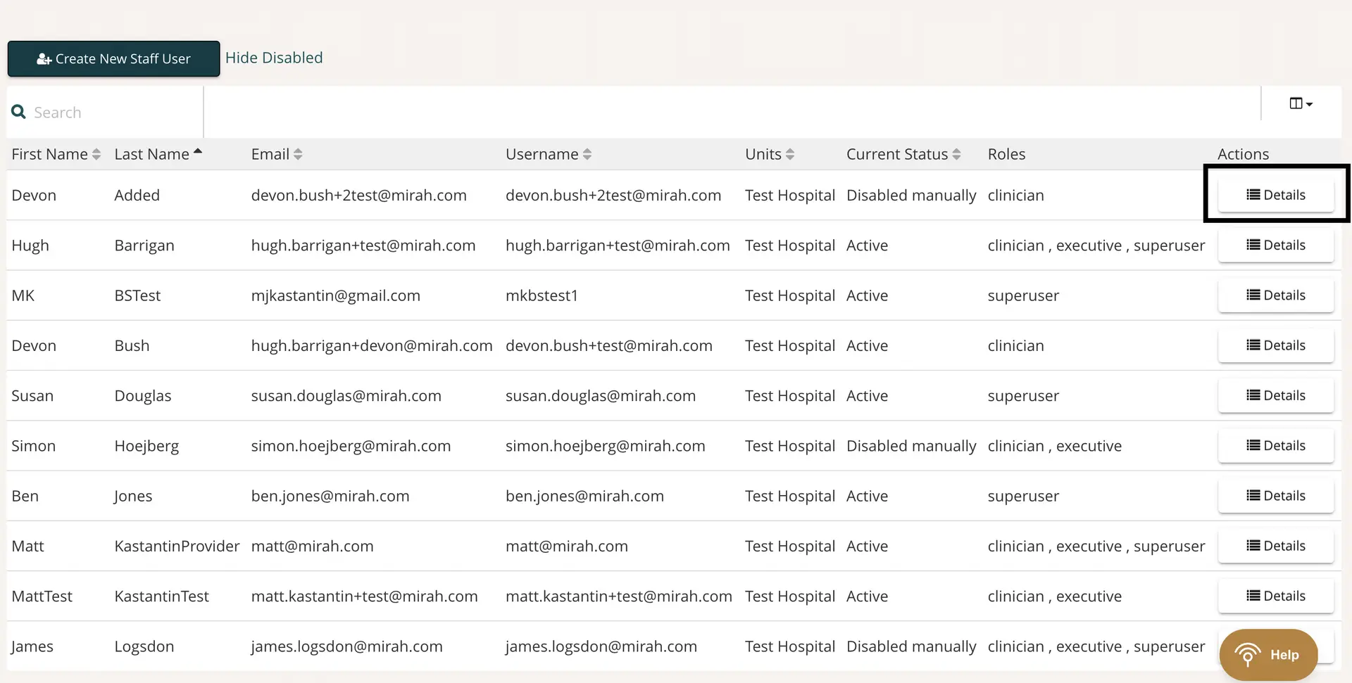 Mirah platform managing users/providers screen showing user list with details and actions