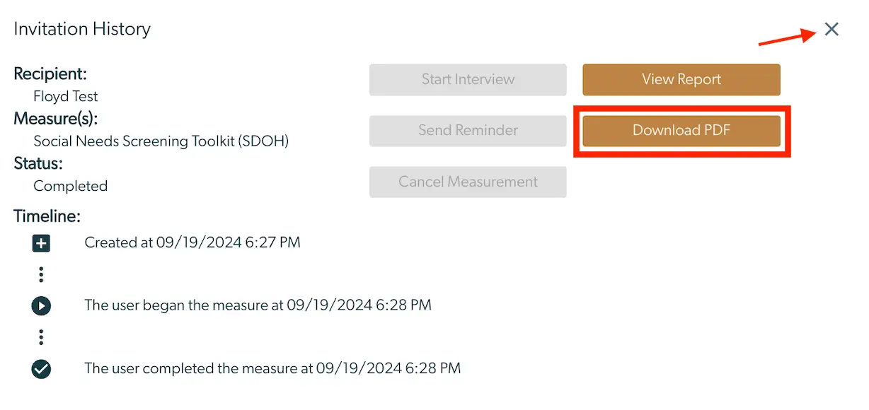 Mirah Collaborative Care Invitation History screen showing completed measure details and download PDF option.