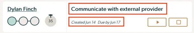 Mirah Collaborative Care Dashboard task item for Dylan Finch, titled 'Communicate with external provider,' created on June 14 and due by June 17.