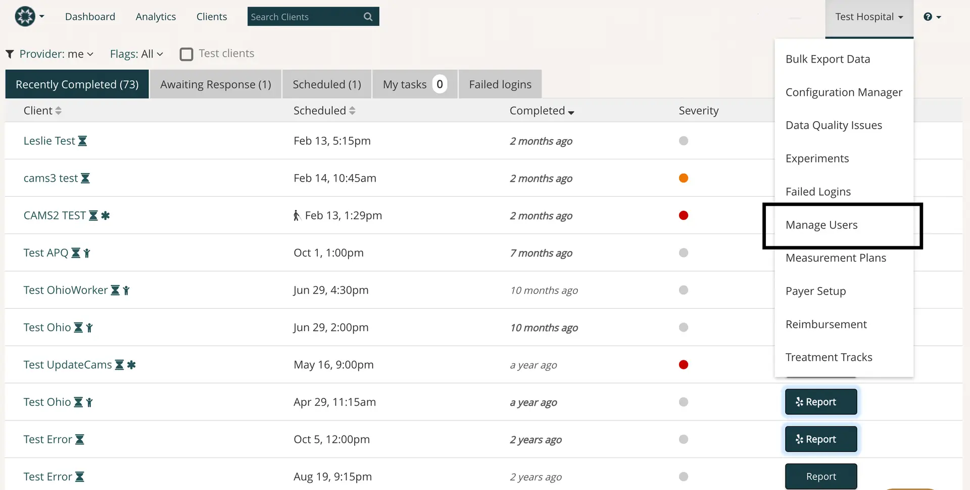 Mirah platform user/provider notifications management screen with navigation bar, client list, and manage users dropdown option.