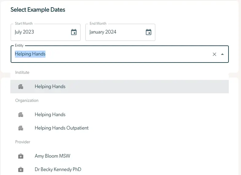Mirah Reporting Analytics - Select Example Dates and Entity