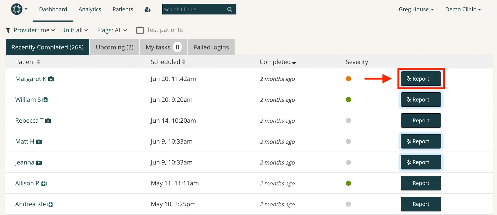Mirah Dashboard Recently Completed tab showing patient list with report access
