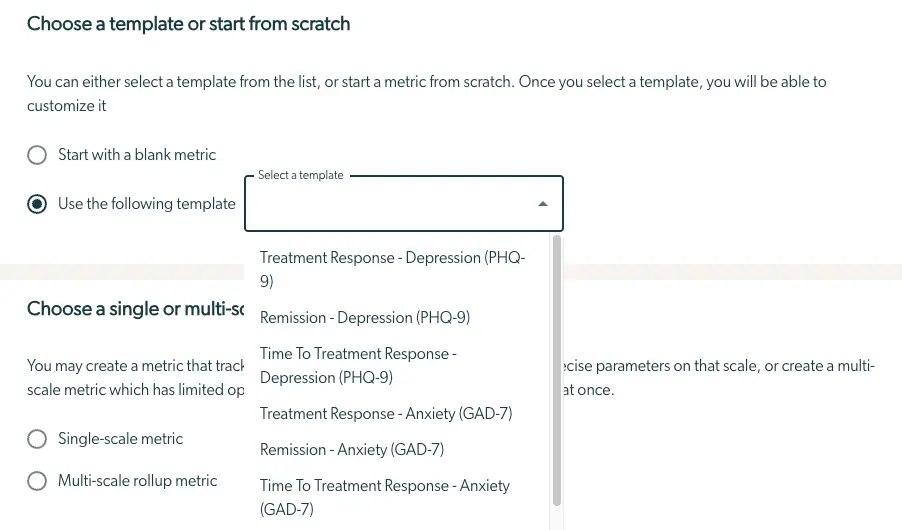 Mirah Outcomes Framework - Select a Preset Metric screen showing template selection options.