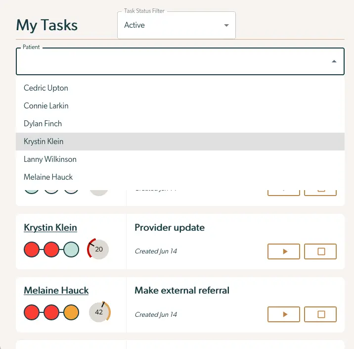 Mirah Collaborative Care Dashboard showing My Tasks with Active filter and patient selection dropdown.