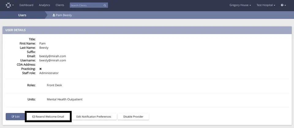 Mirah Users section, Pam Beesly user details with Resend Welcome Email option