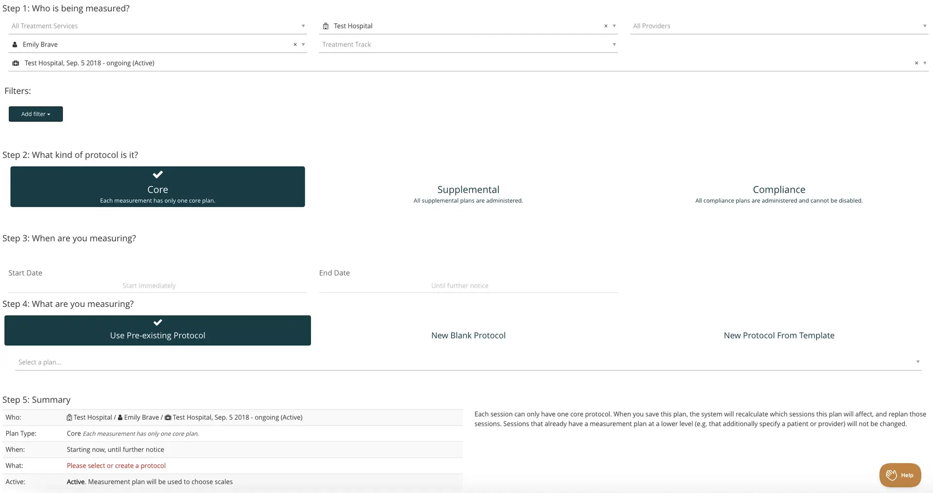 Mirah Measurement Protocol Tool interface for setting up patient data collection protocols