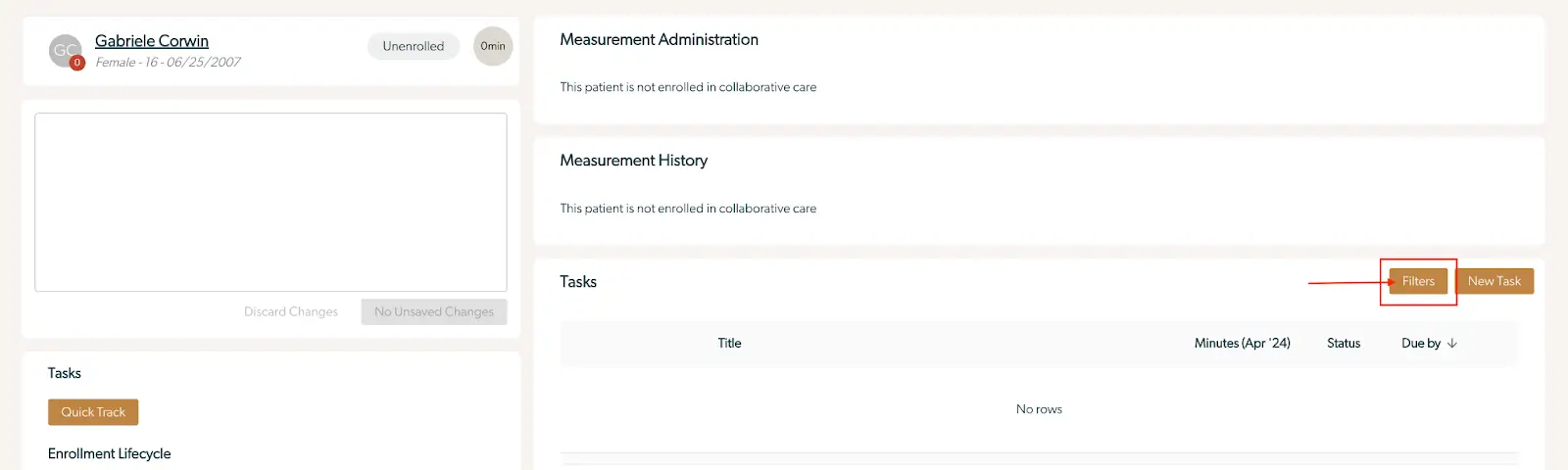 Mirah Collaborative Care Tasks page for Gabriele Corwin, showing no tasks and options to filter or add new tasks.