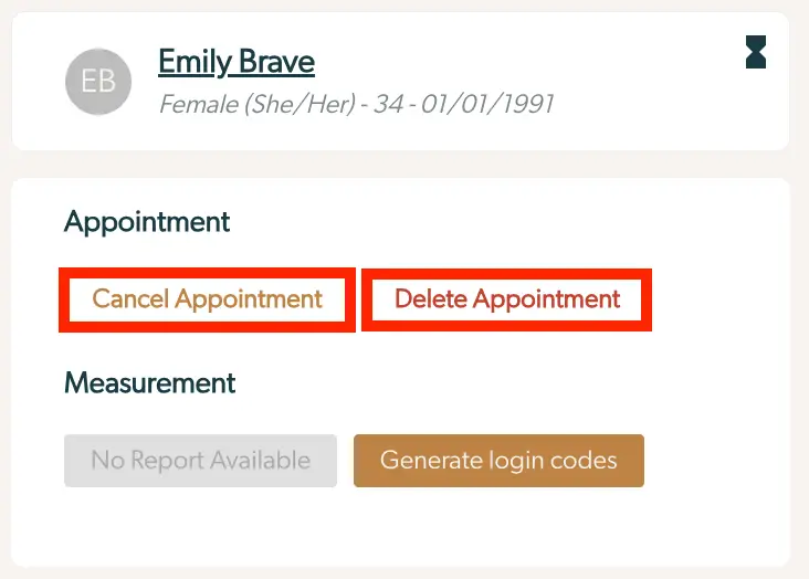 Mirah platform patient appointment management screen for Emily Brave