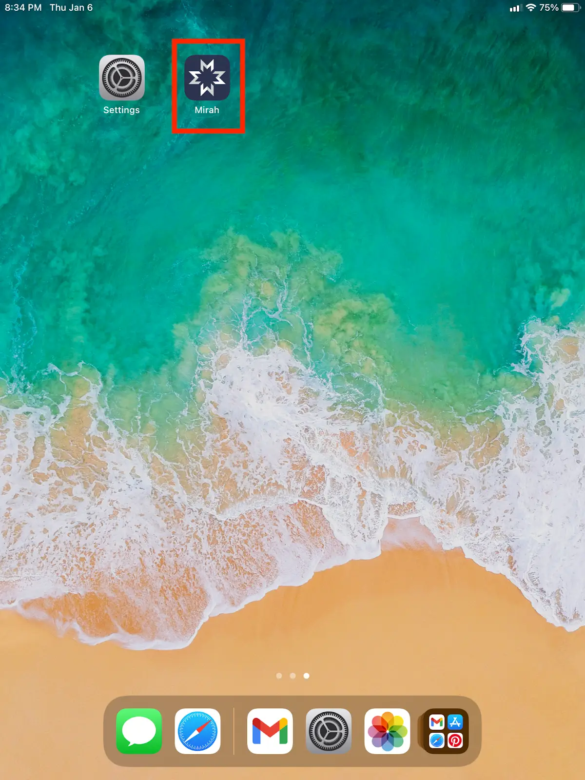 iPad home screen with Mirah app icon highlighted, showing time 8:34 PM, date Thu Jan 6, and battery at 75%.
