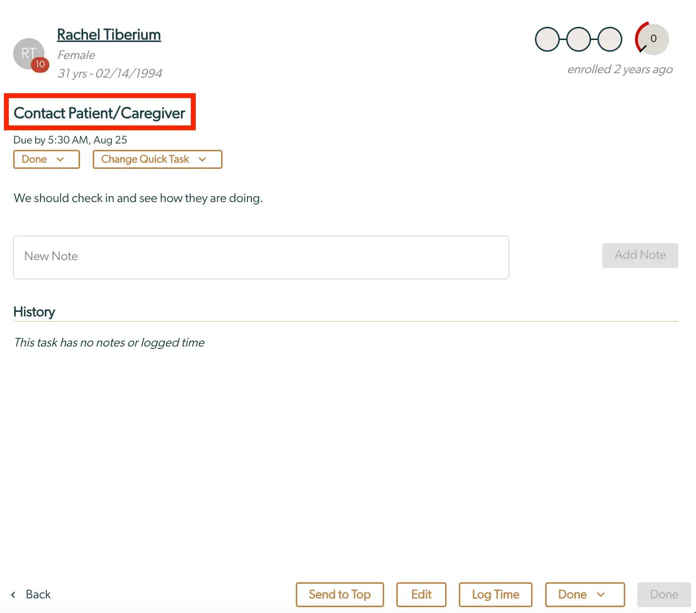 Mirah Collaborative Care Task Interface for Contacting Patient or Caregiver