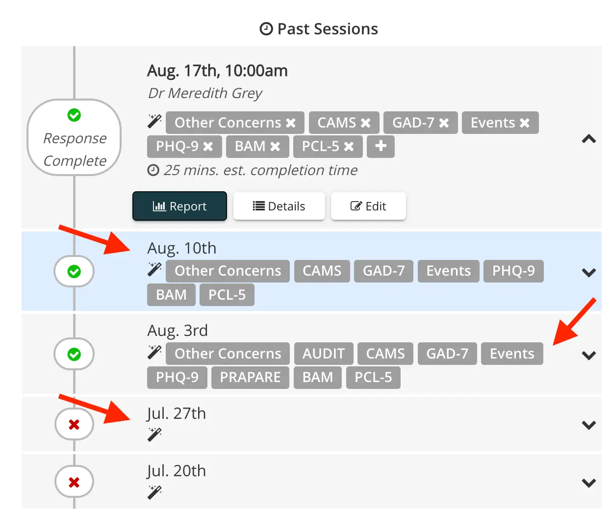 Mirah platform Past Sessions screen showing patient sessions with Dr. Meredith Grey, including assessment details and status icons.