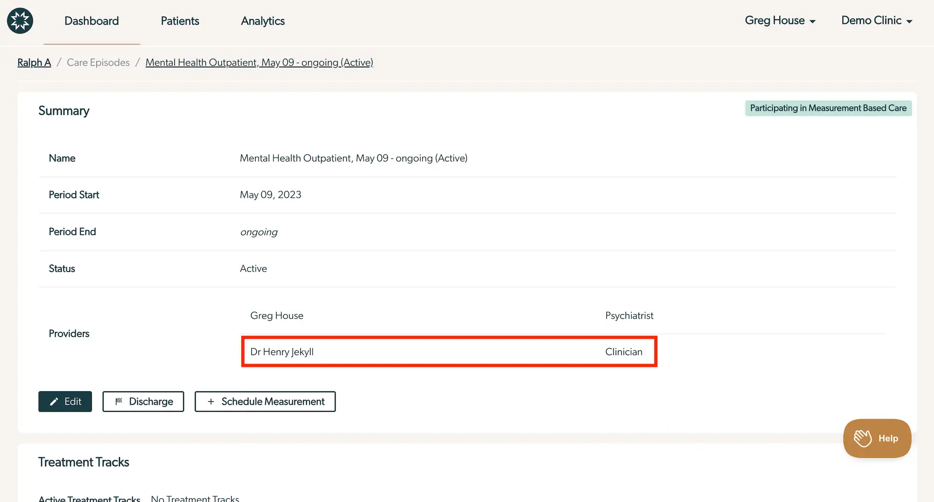Mirah platform patient care episode summary for Ralph A, Mental Health Outpatient, May 09 - ongoing (Active)