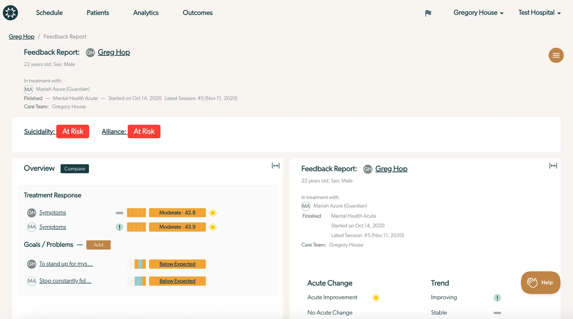 Mirah Enhanced Feedback Report for Greg Hop showing treatment details, risk assessments, and progress overview.