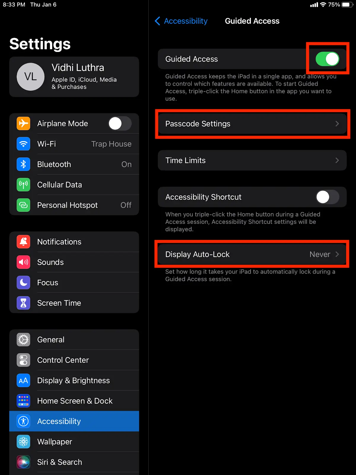 iPad Settings Accessibility Guided Access configuration screen
