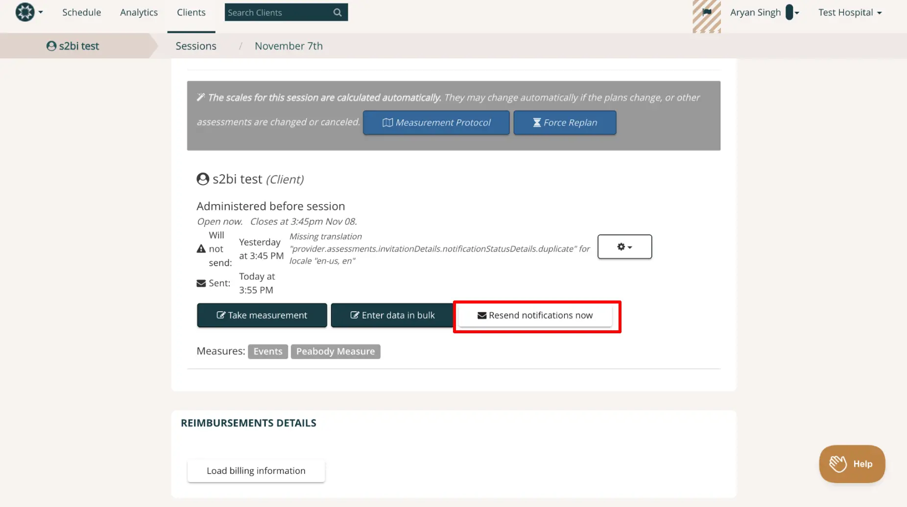 Mirah platform patient interface for s2bi test client session on November 7th showing notification management options.