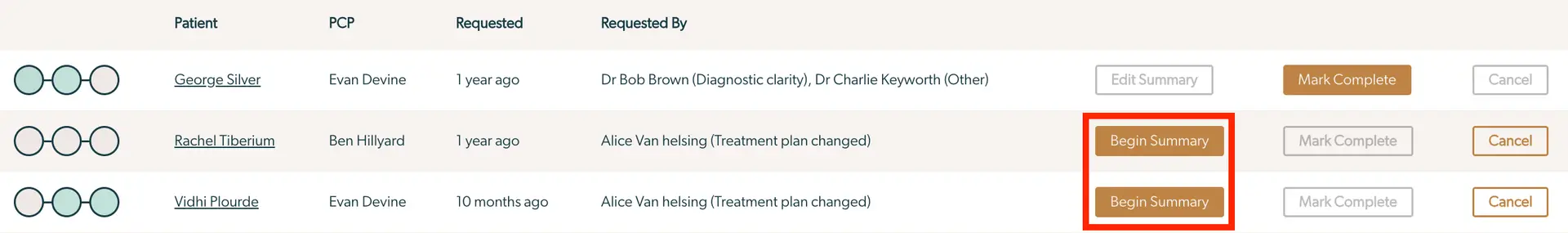 Mirah Collaborative Care Case Consult screen showing patient list with action buttons for managing case consult meetings.