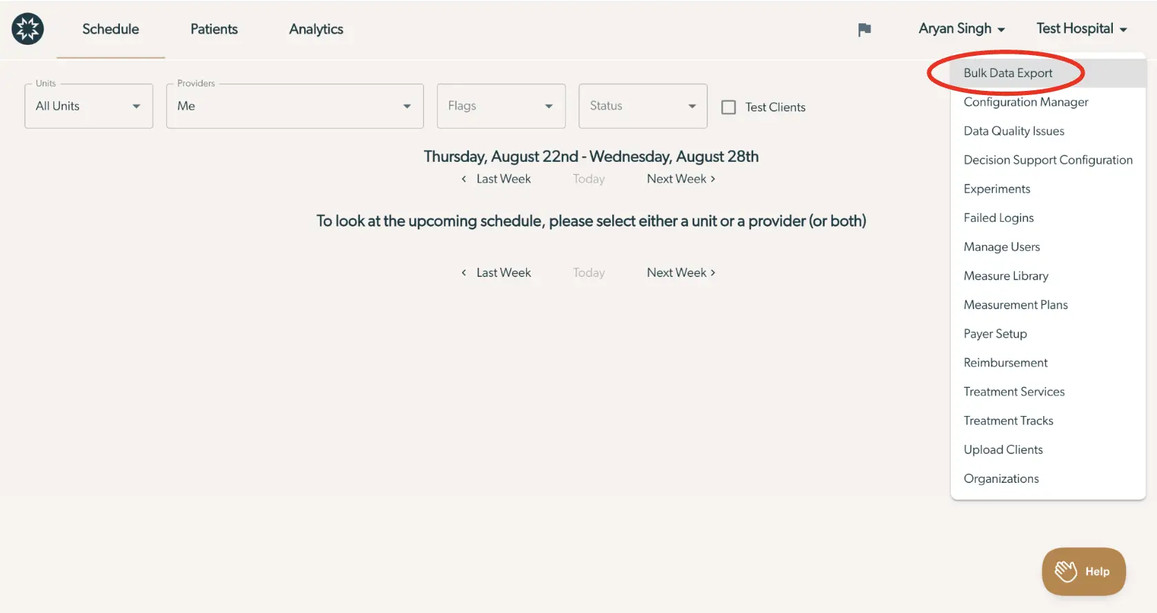 Mirah platform Schedule page with Bulk Data Export option highlighted under user menu for Test Hospital.