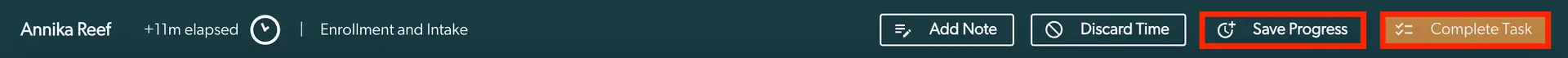 Mirah Collaborative Care Tasks Automatic Chart Assessment Time Tracking interface showing Annika Reef with 11 minutes elapsed in Enrollment and Intake phase, featuring Add Note, Discard Time, Save Progress, and Complete Task buttons.
