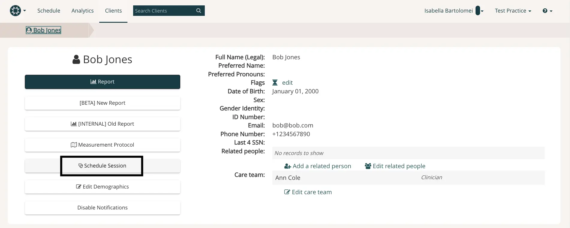 Mirah platform patient profile page for Bob Jones under Clients section