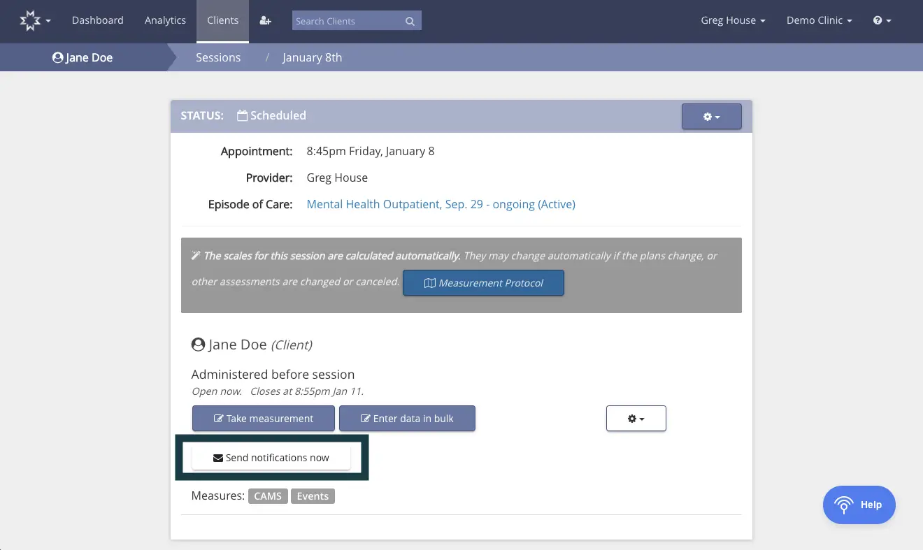 Mirah platform client session details for Jane Doe on January 8th