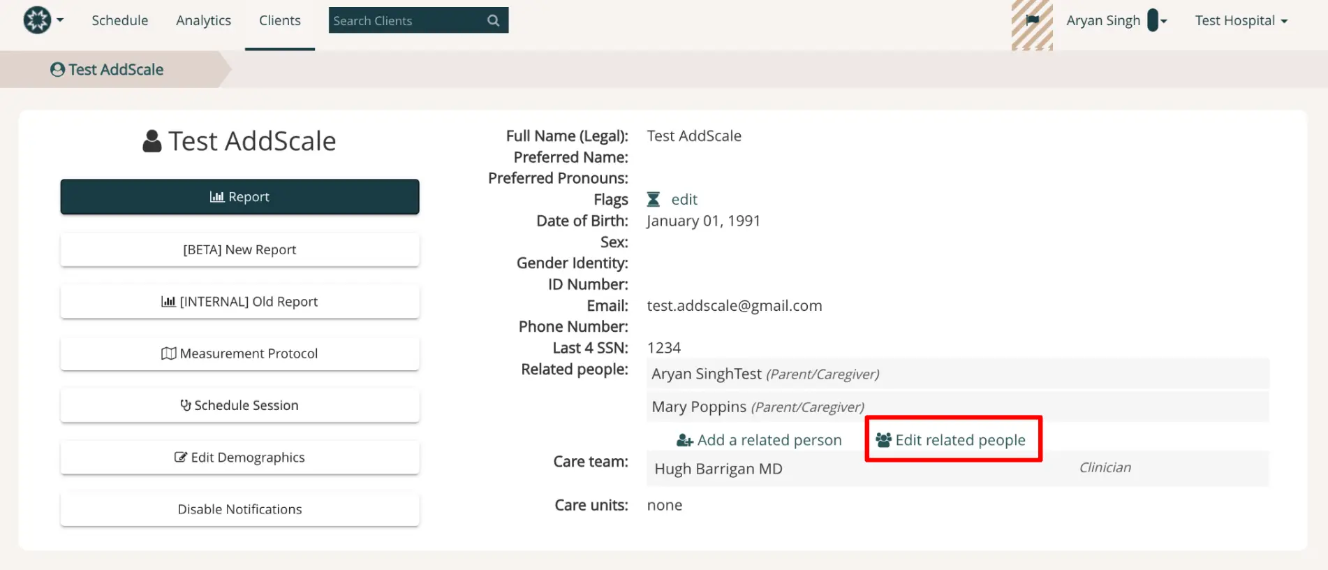 Mirah platform client profile page for Test AddScale with options to edit related people.