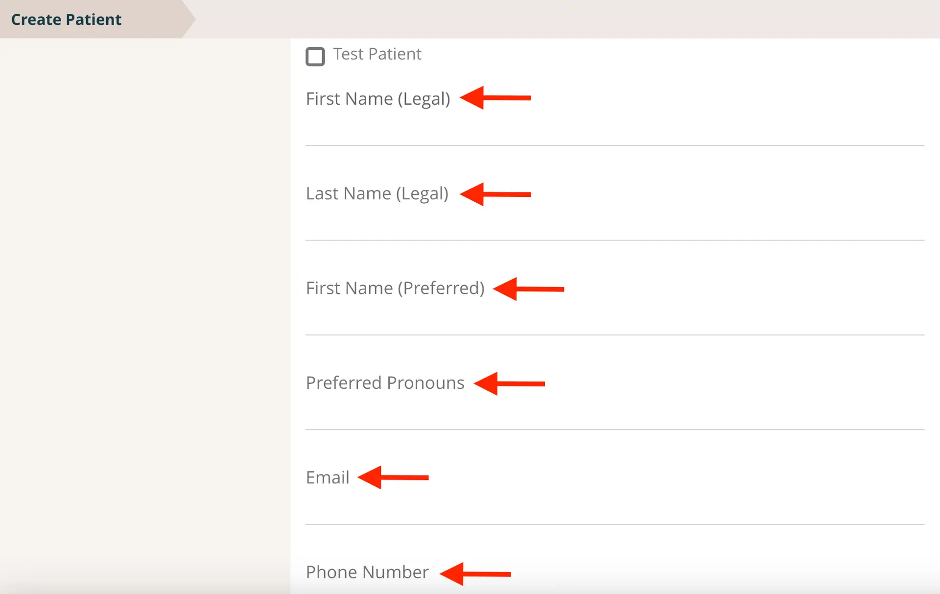 Mirah Create Patient screen with fields for legal and preferred names, pronouns, email, and phone number.