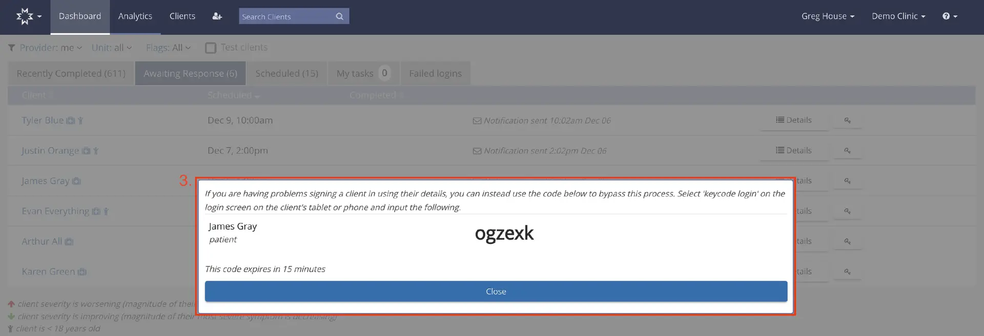 Mirah platform Clients section Awaiting Response tab with key code pop-up for James Gray