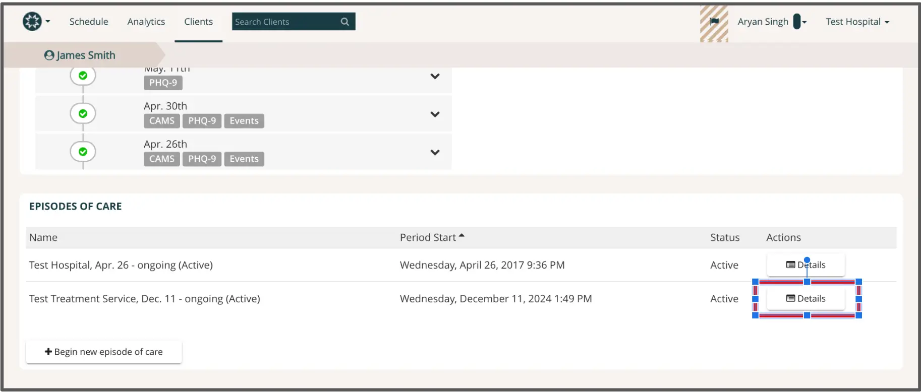Mirah platform, James Smith's Episodes of Care section showing active episodes at Test Hospital and Test Treatment Service.