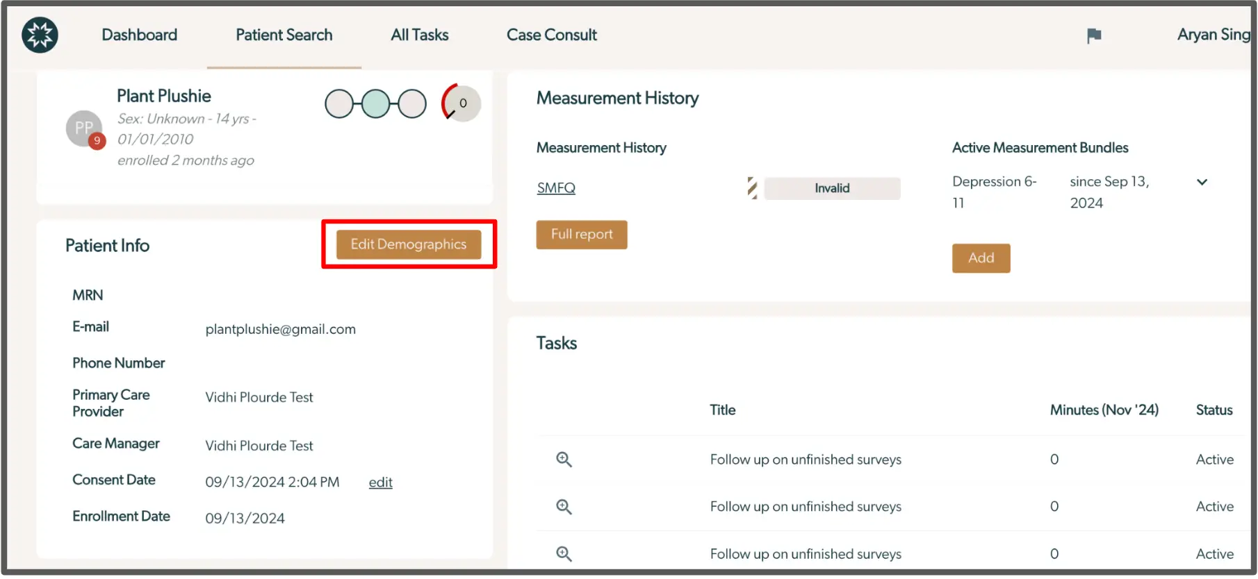 Mirah Patient Interface showing Plant Plushie's profile and measurement history