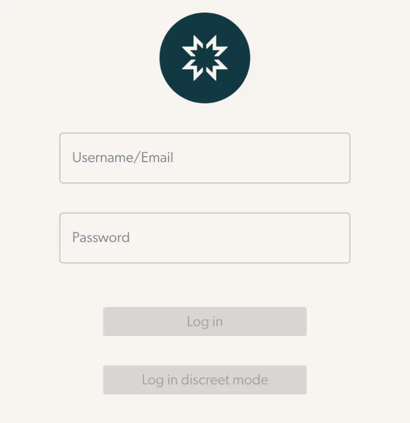 Mirah platform login screen with Username/Email and Password fields, and Log in and Log in discreet mode buttons.