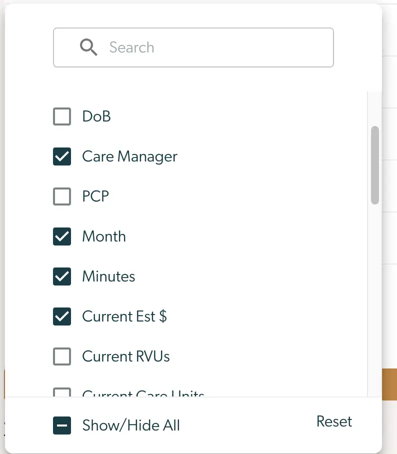Mirah Collaborative Care Billing Insights filter selection menu for generating an End of Month Report