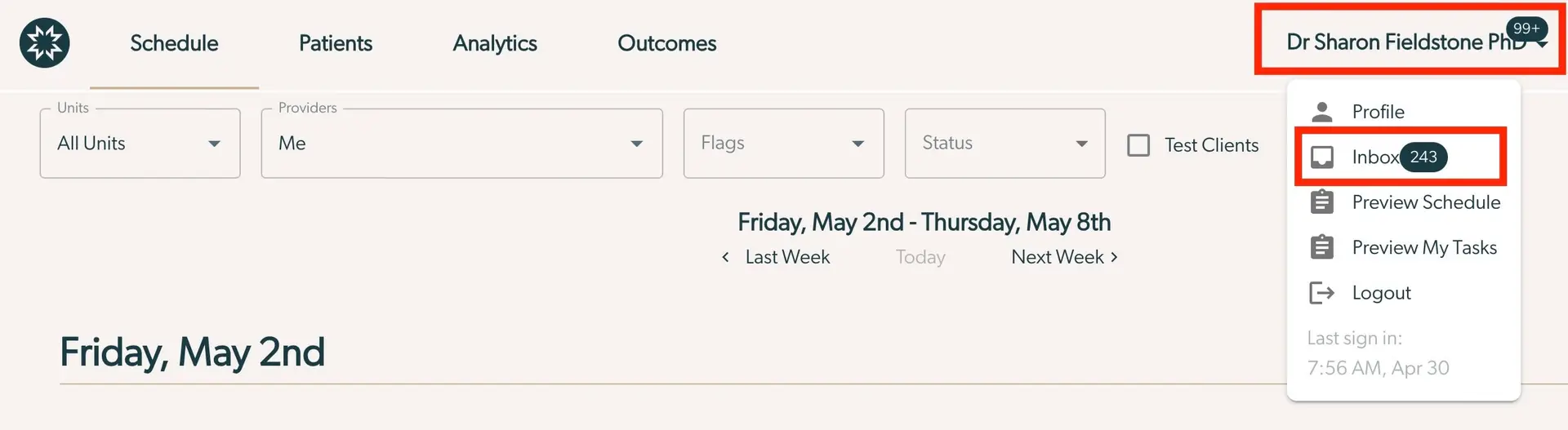 Mirah platform Schedule page with user profile dropdown menu open