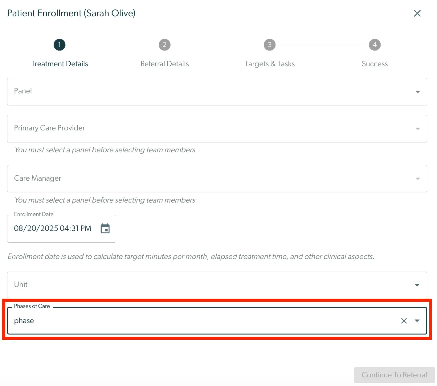Mirah Collaborative Care Patient Enrollment Treatment Details for Sarah Olive