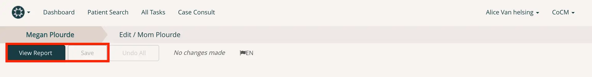 Mirah Collaborative Care patient profile page for Megan Plourde with options to view report and save changes.