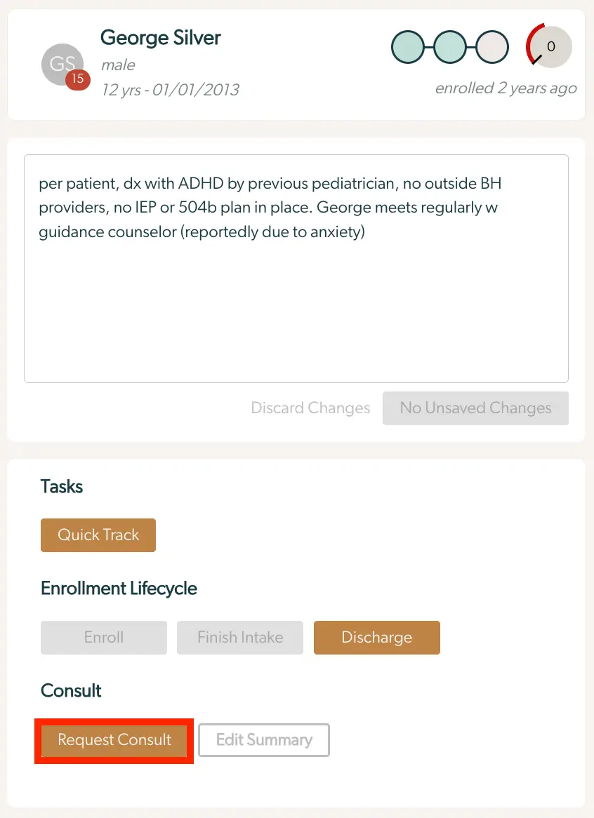 Mirah Collaborative Care Case Consult screen for George Silver, showing patient details, medical history, and options for consult request and enrollment lifecycle management.