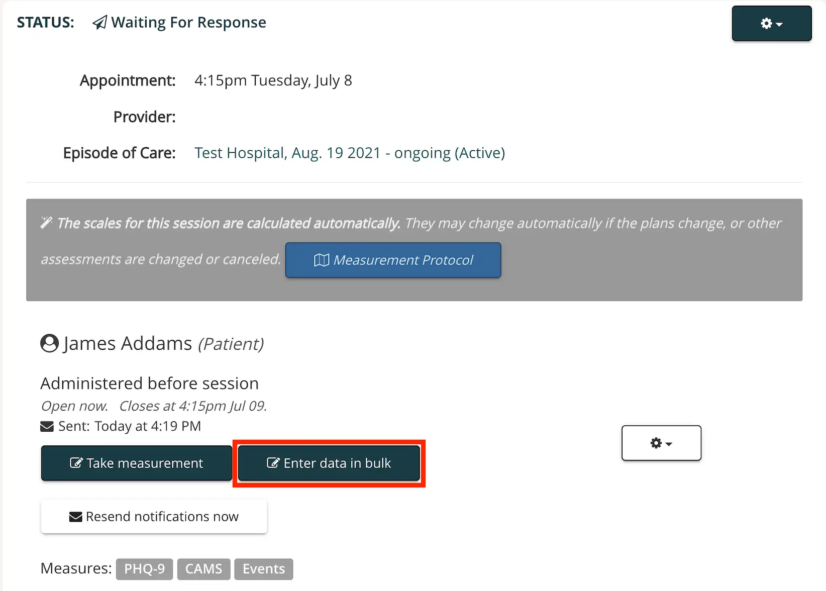 Mirah platform screen showing patient James Addams' session details and data entry options.