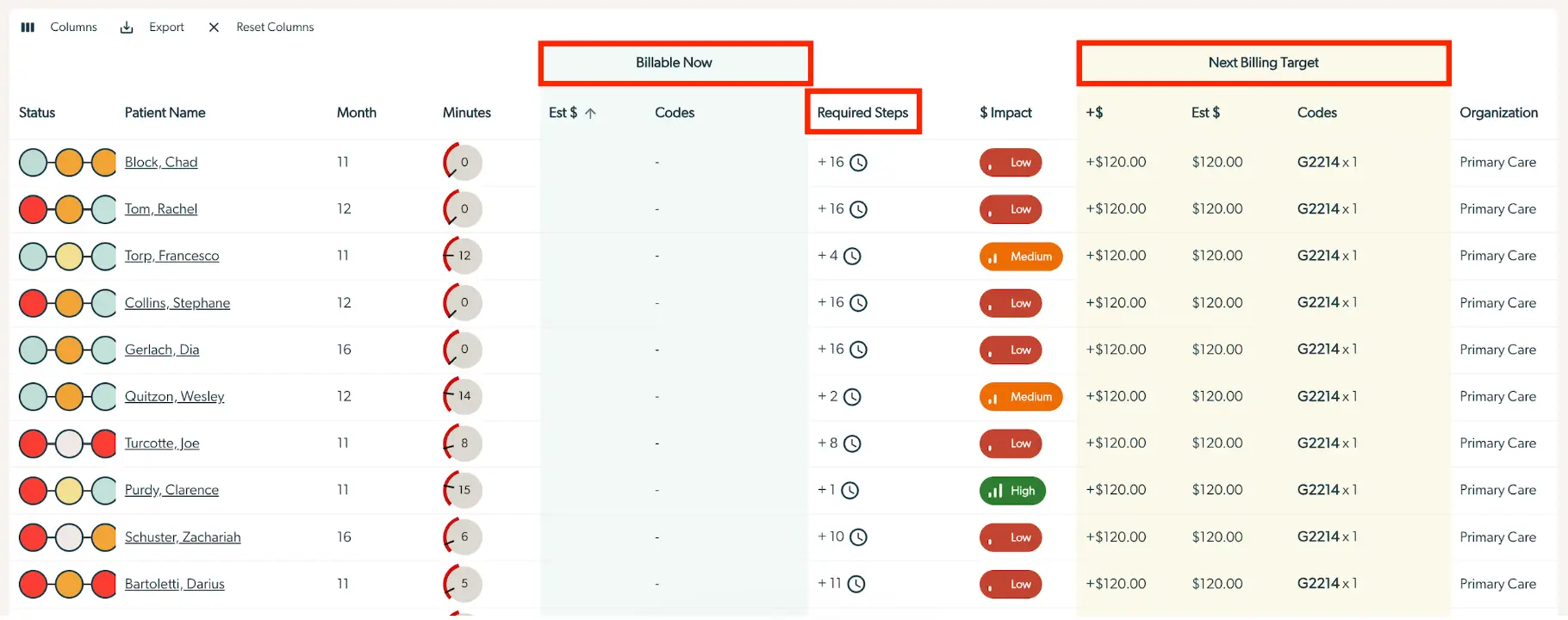 Mirah Collaborative Care Billing Insights screen showing patient billing details and required steps for billing.