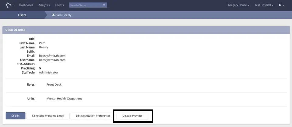 Mirah platform user details page for Pam Beesly with options to edit, resend welcome email, edit notification preferences, and disable provider.