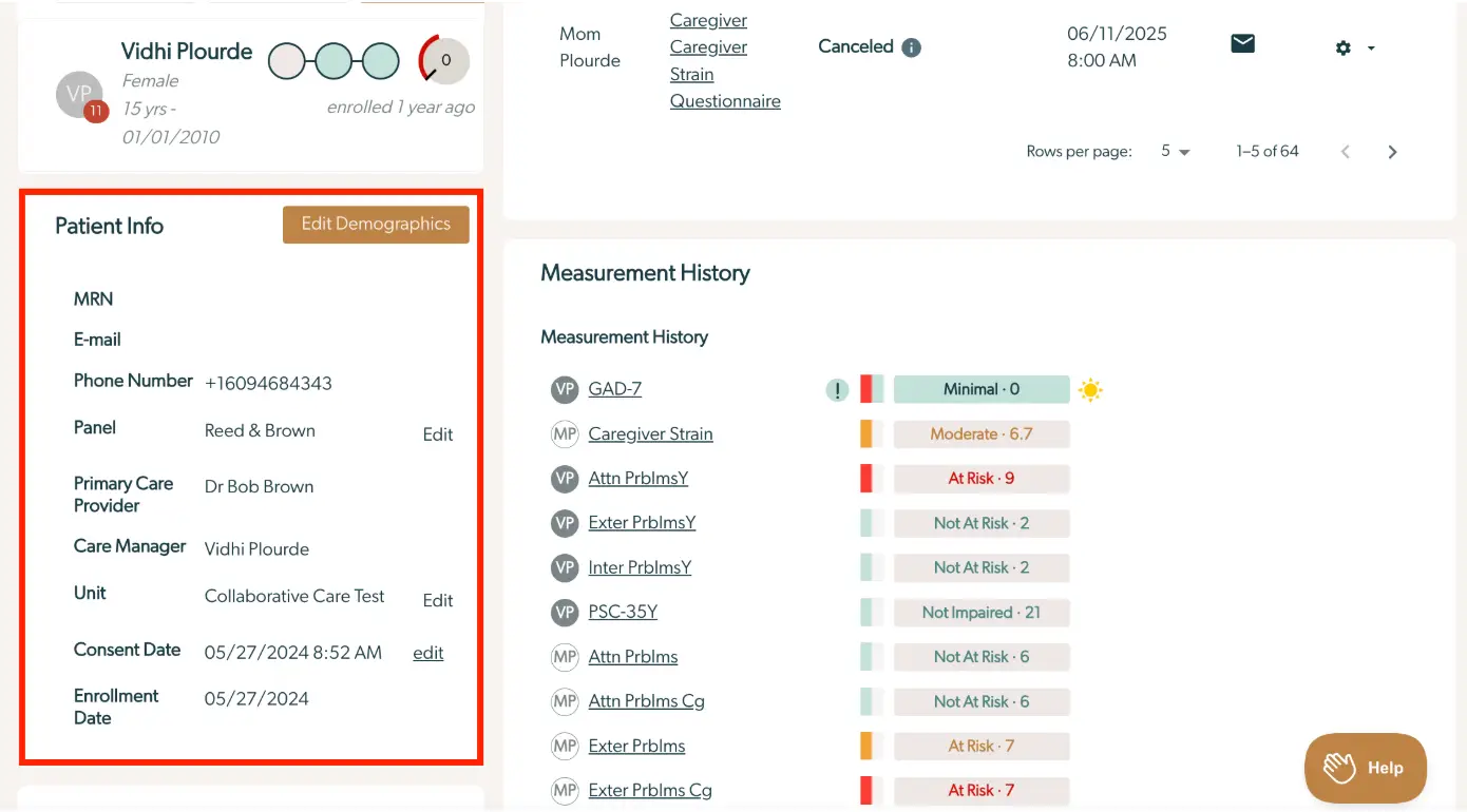 Mirah Collaborative Care Patient Profile for Vidhi Plourde showing Patient Info and Measurement History