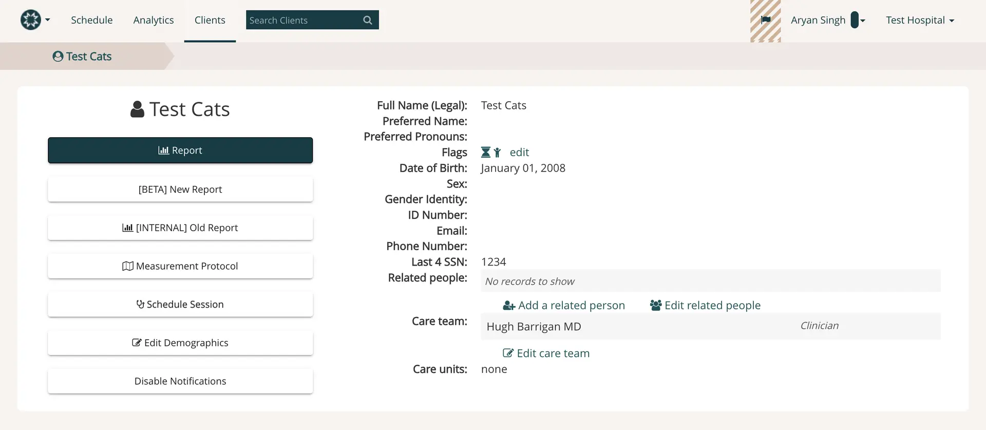 Mirah Clients Test Cats profile page showing client details and options for report generation and data management.