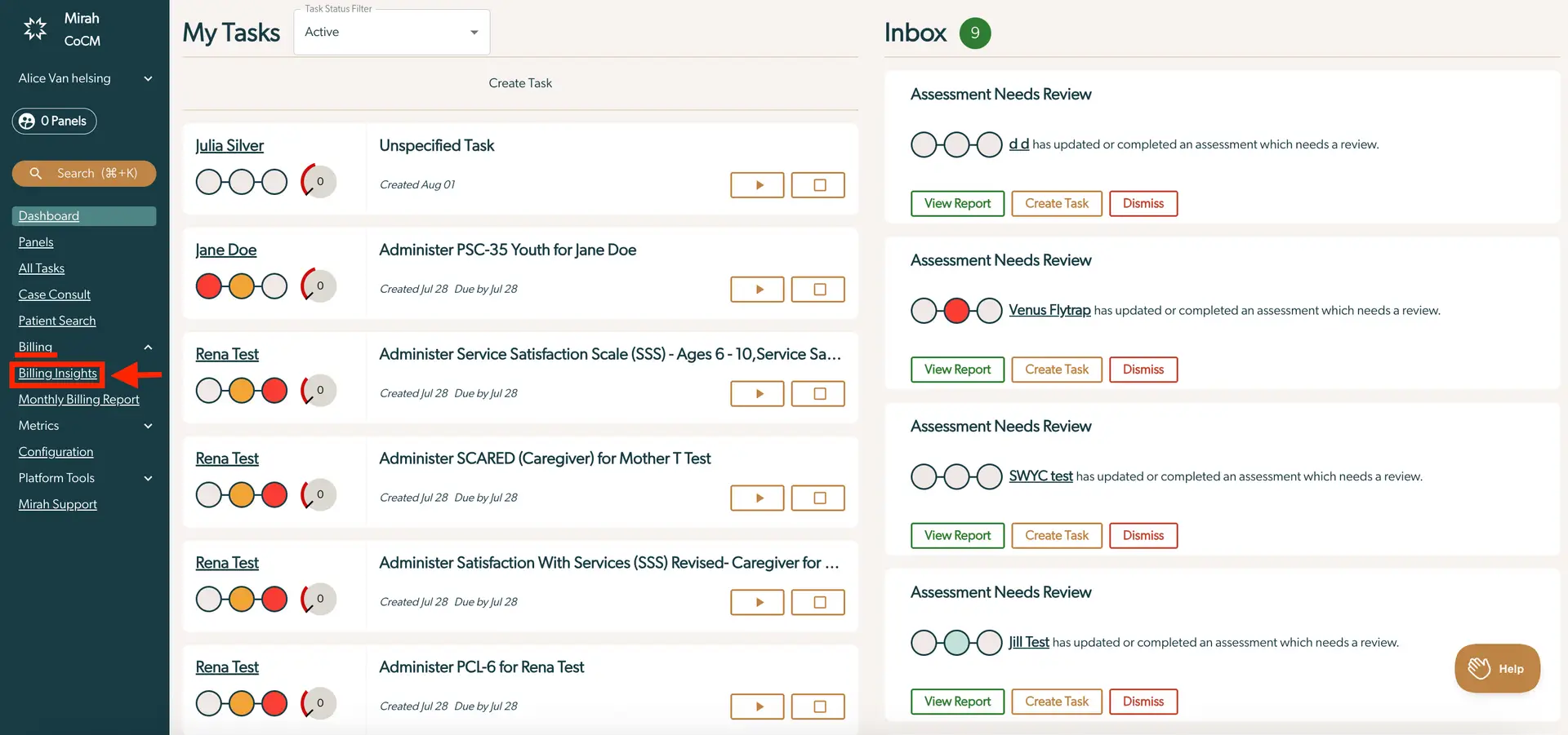 Mirah Collaborative Care Billing Insights interface showing My Tasks and Inbox sections with task and assessment details.
