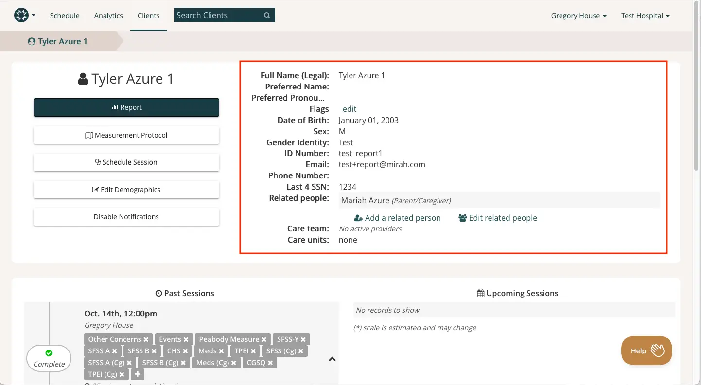 Mirah platform client profile page for Tyler Azure 1 showing detailed client information and session history.