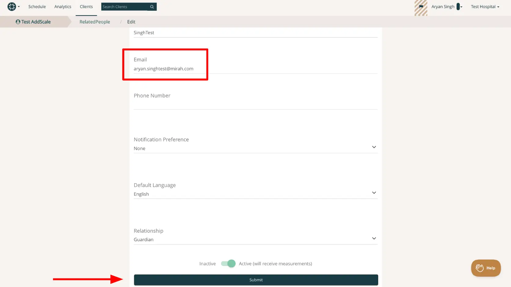 Mirah platform client edit screen showing email field highlighted