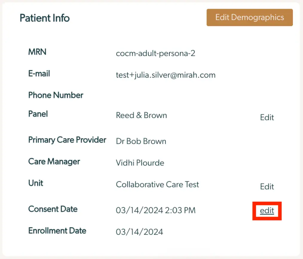 Mirah Collaborative Care Troubleshooting Guide - Managing Time Entry Logs - Patient Info screen showing demographic and care details with edit options.