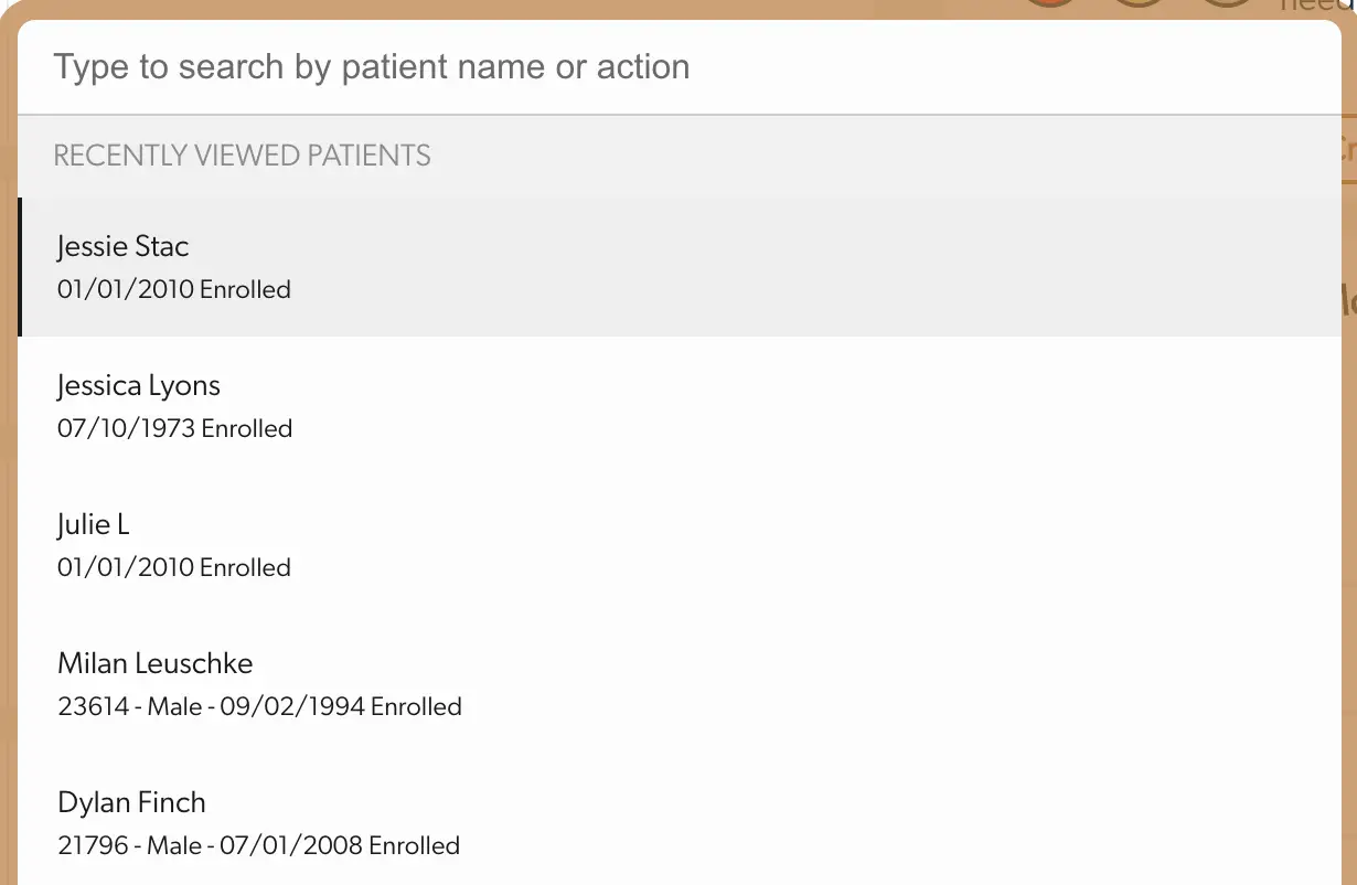 Mirah Collaborative Care search interface showing recently viewed patients