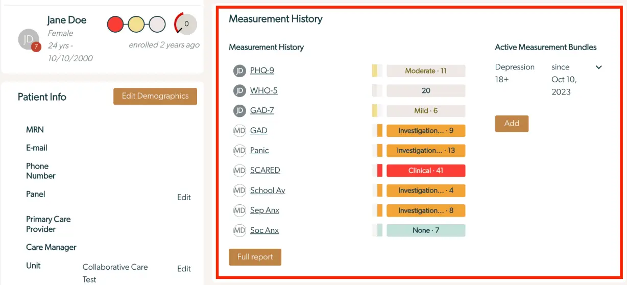Mirah platform patient profile page showing Jane Doe's measurement history and active measurement bundles.