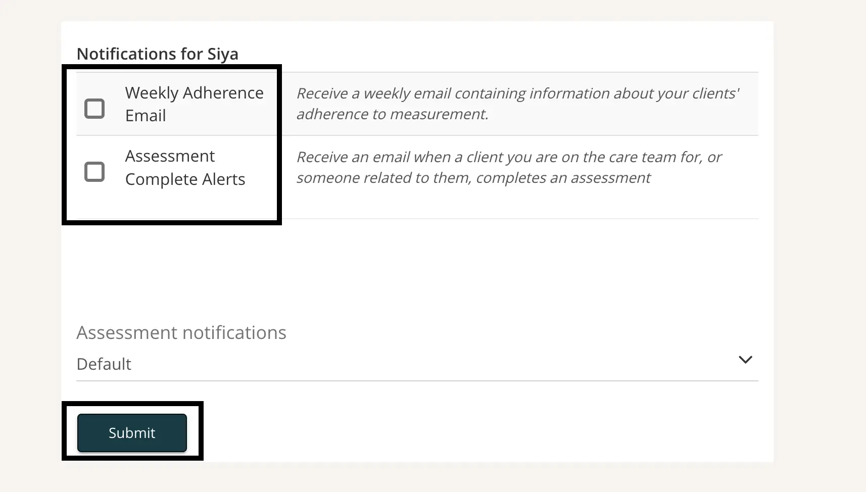 Mirah platform - Notifications for Siya settings screen