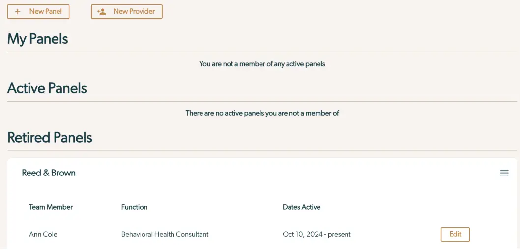 Mirah Collaborative Care Panels interface showing My Panels, Active Panels, and Retired Panels sections with options to create a new panel or provider.